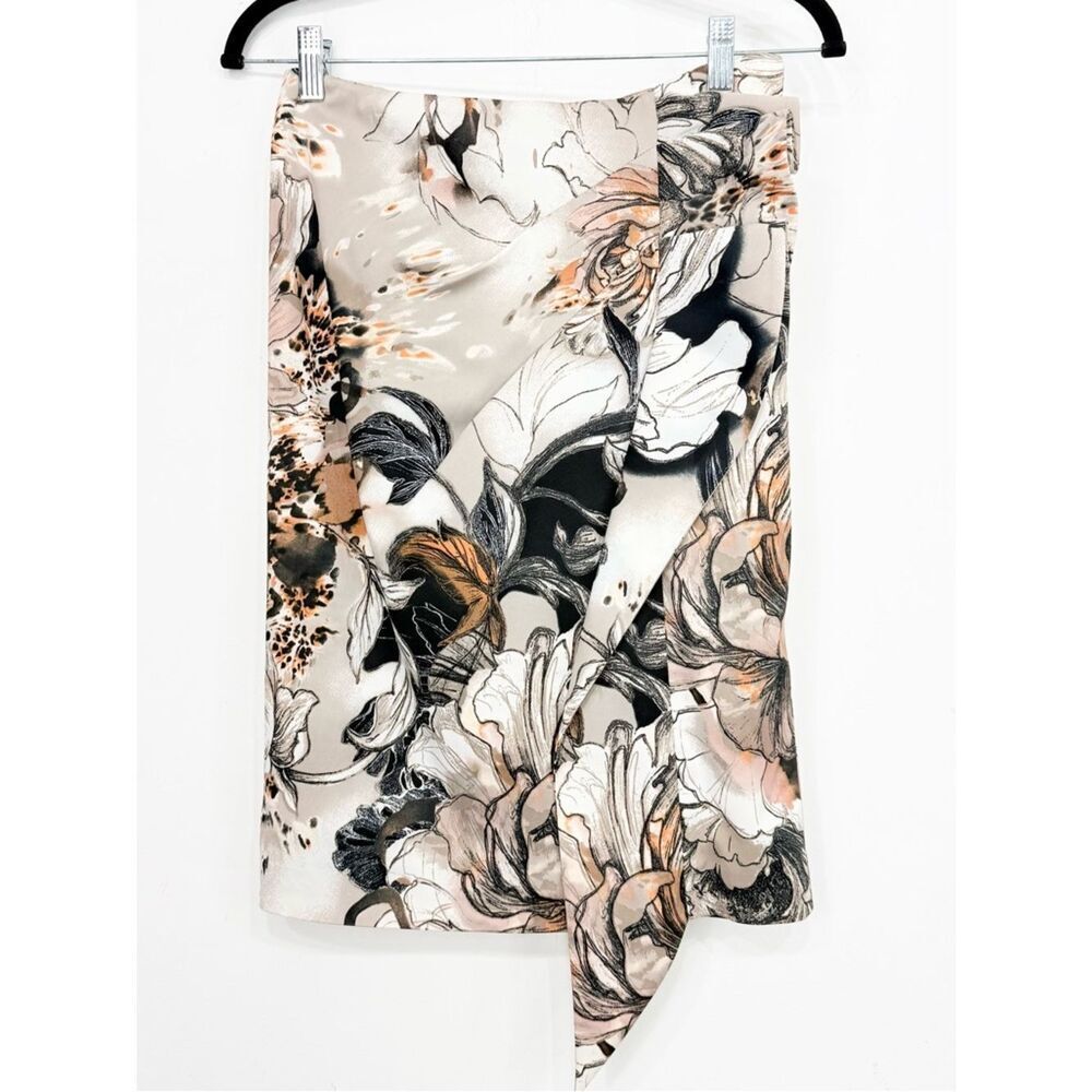 Karen Millen England Tan Orange Abstract Floral Side Ruffle Pencil Skirt